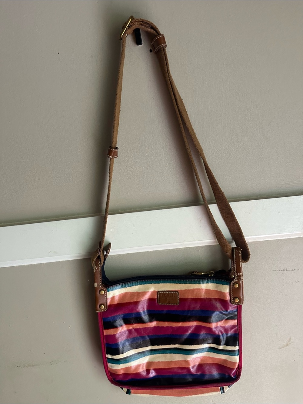 Fossil Multicolor Striped Crossbody Bag with Tan Strap